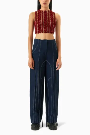 Crimson Knit Blouse with Denim Pant