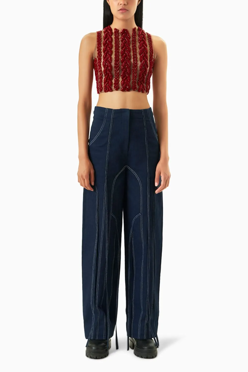 Crimson Knit Blouse with Denim Pant