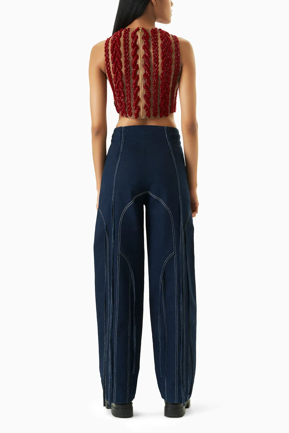 Crimson Knit Blouse with Denim Pant