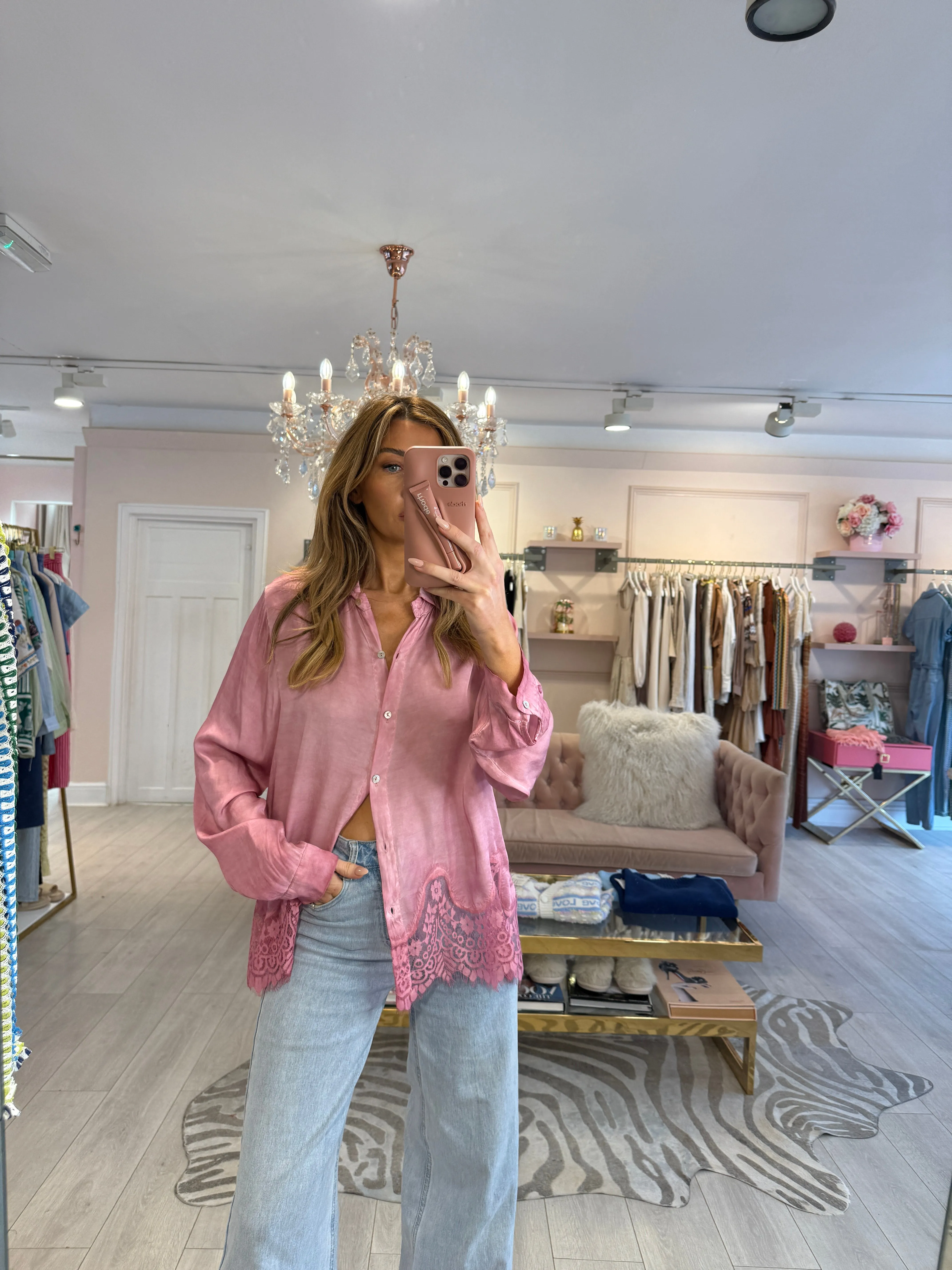 DELPHINE LACE HEM SATIN SHIRT ROSE