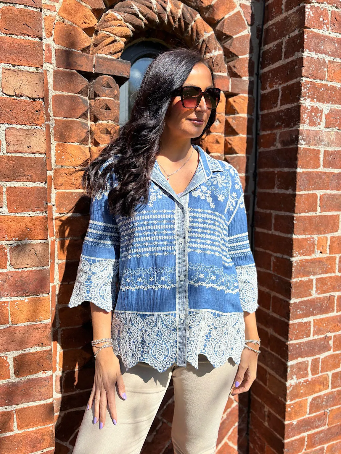 Denim Floral Embroidered Shirt Ebony