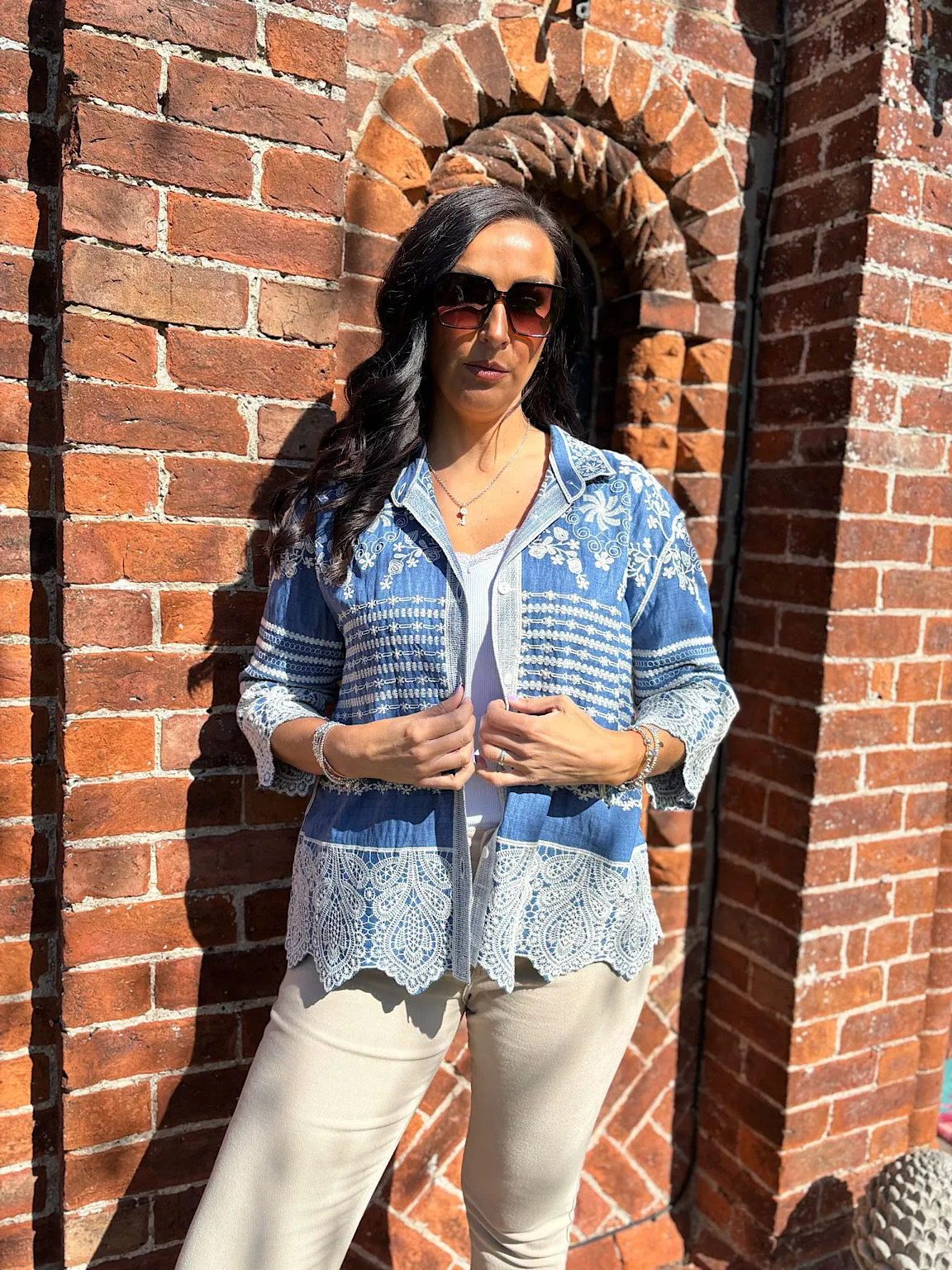Denim Floral Embroidered Shirt Ebony