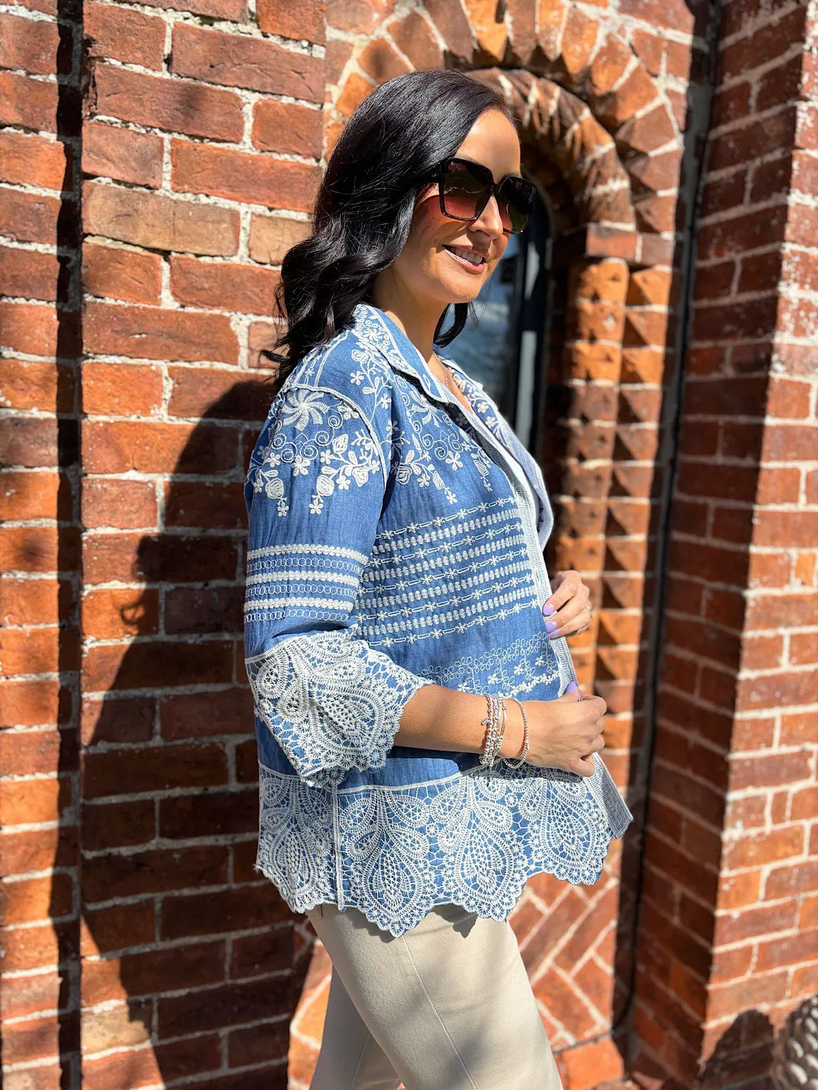 Denim Floral Embroidered Shirt Ebony