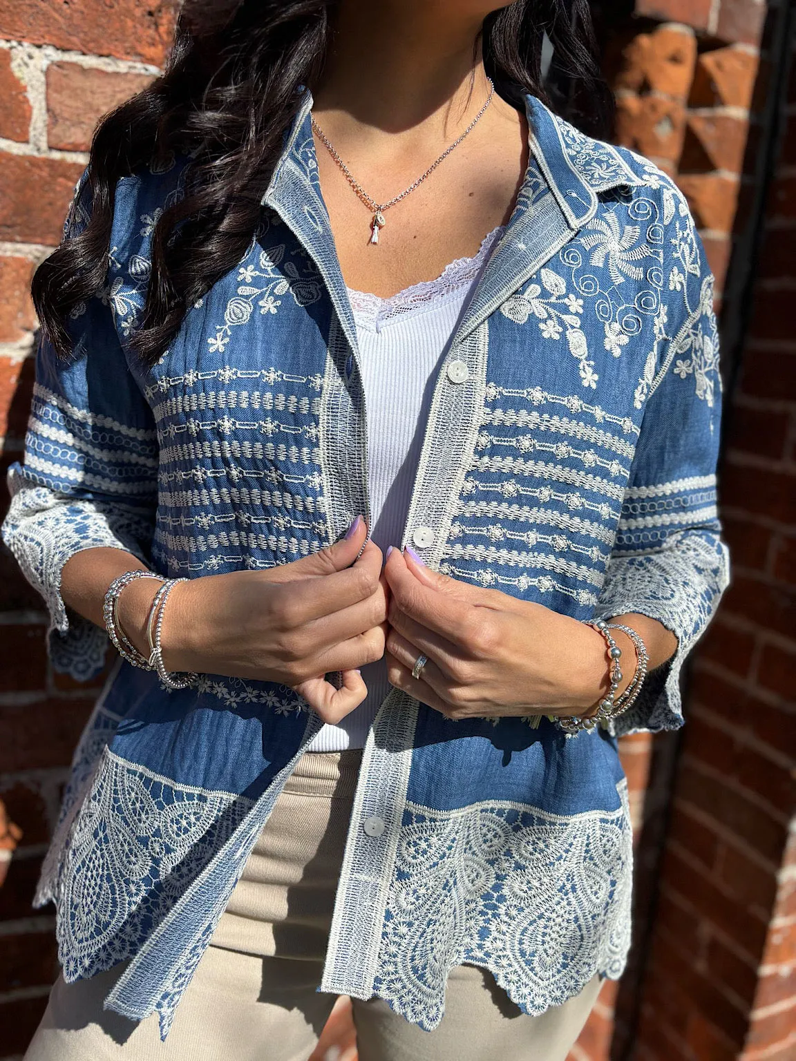Denim Floral Embroidered Shirt Ebony