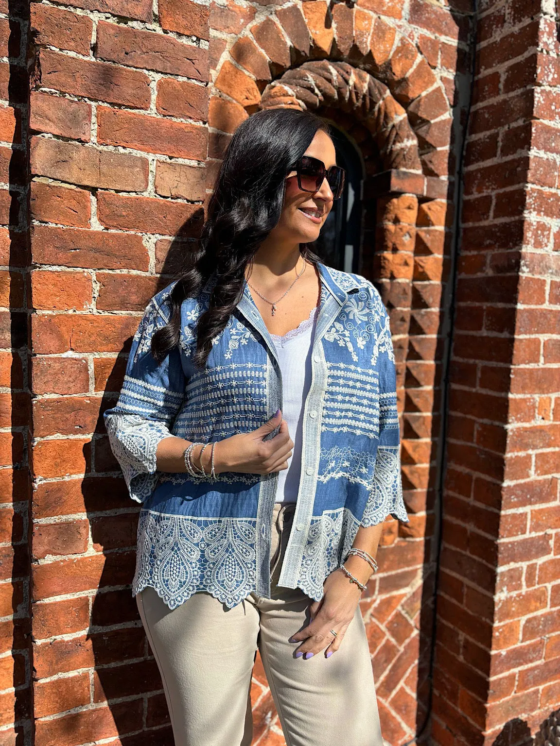 Denim Floral Embroidered Shirt Ebony