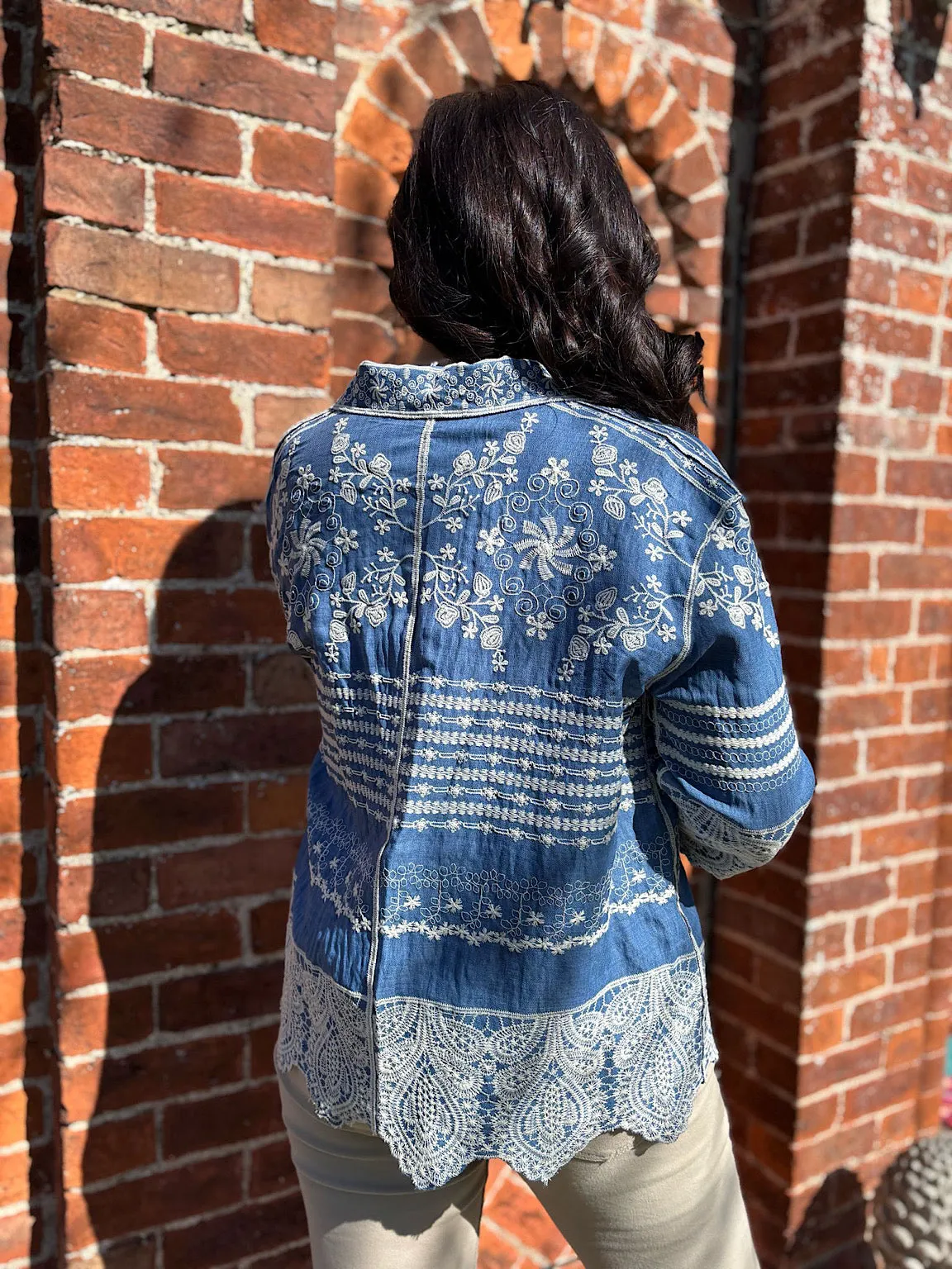 Denim Floral Embroidered Shirt Ebony