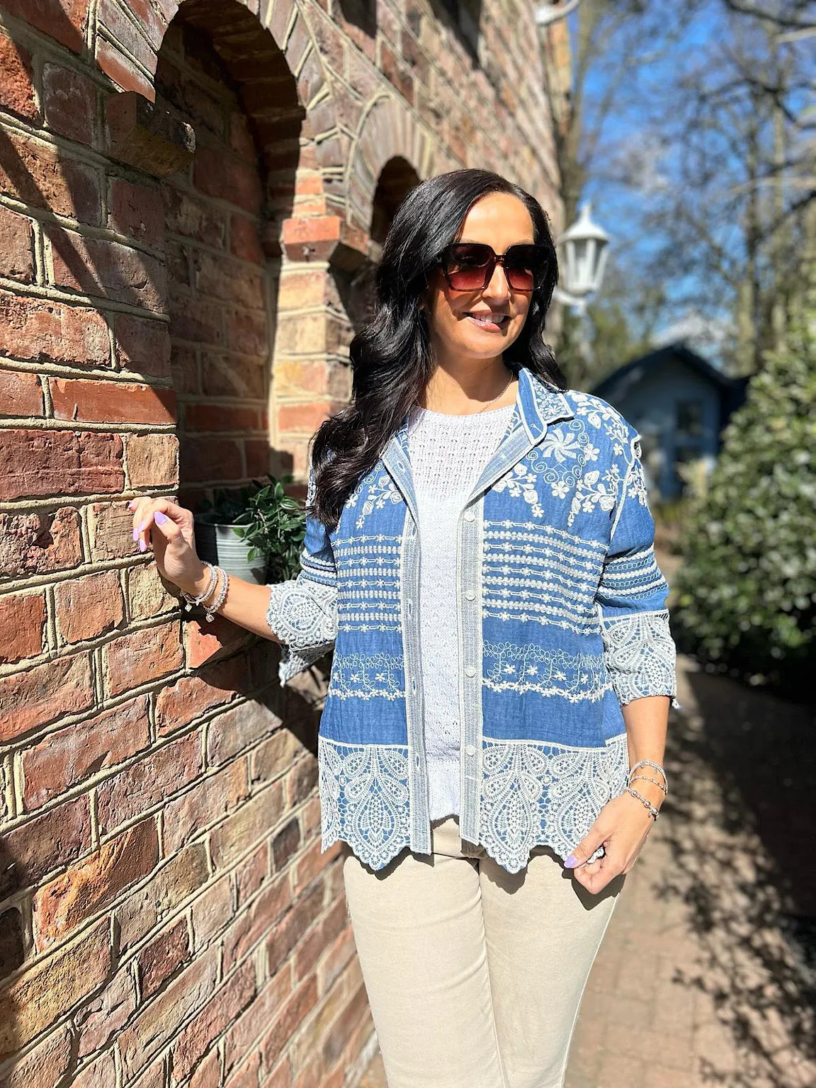 Denim Floral Embroidered Shirt Ebony