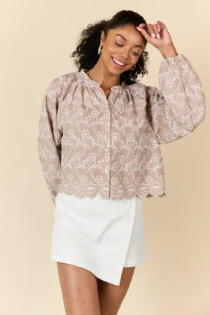 Downtown Delight Tan Embroidered Blouse
