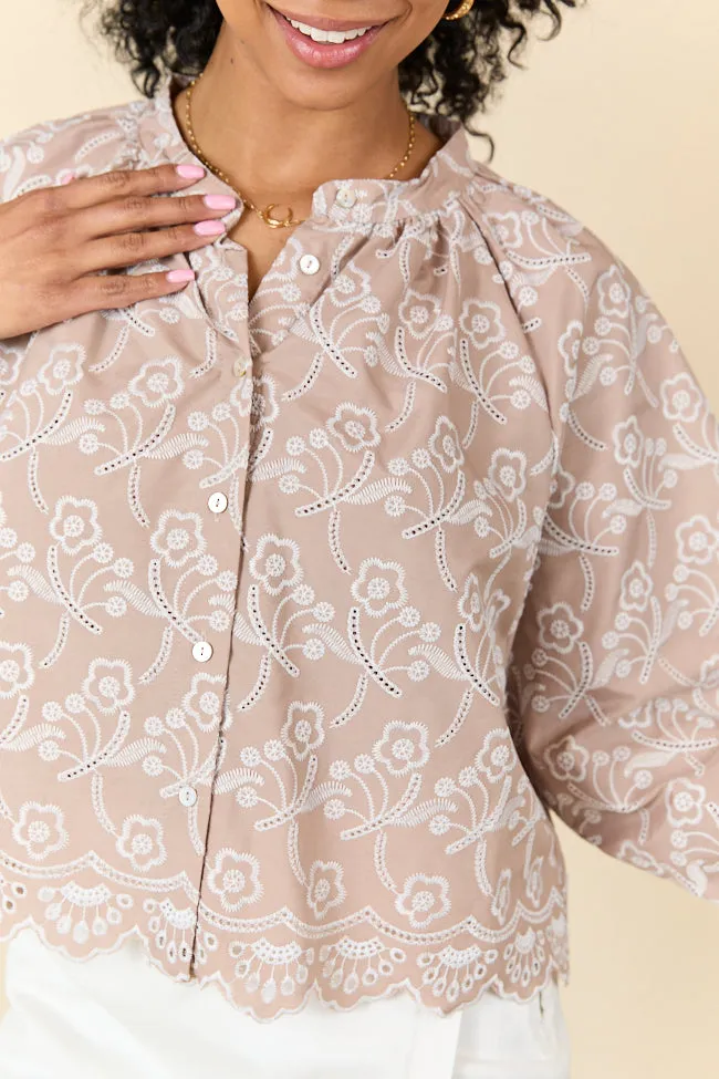 Downtown Delight Tan Embroidered Blouse