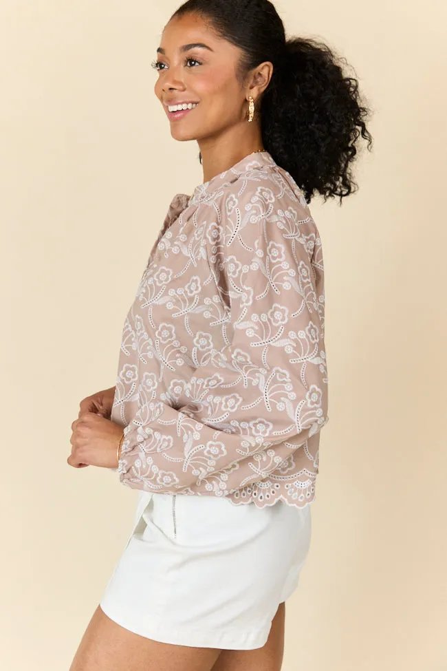 Downtown Delight Tan Embroidered Blouse