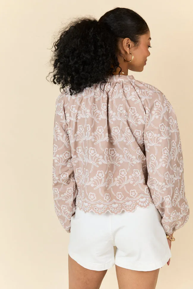 Downtown Delight Tan Embroidered Blouse