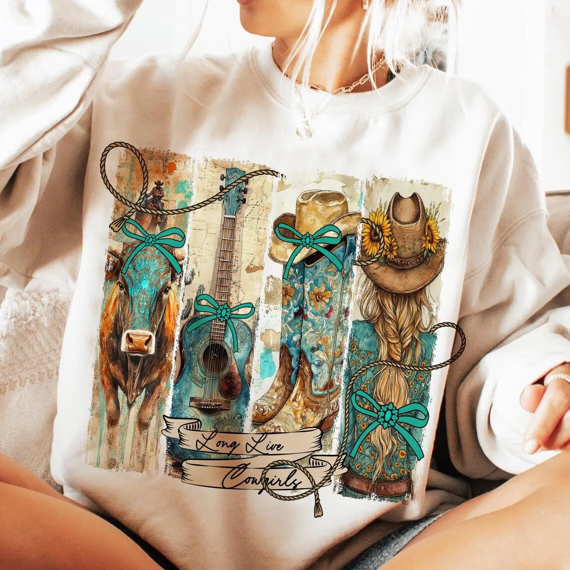 DTF Transfer Long Live Cowgirls – Western Boho Graphic with Boots, Guitar & Hat