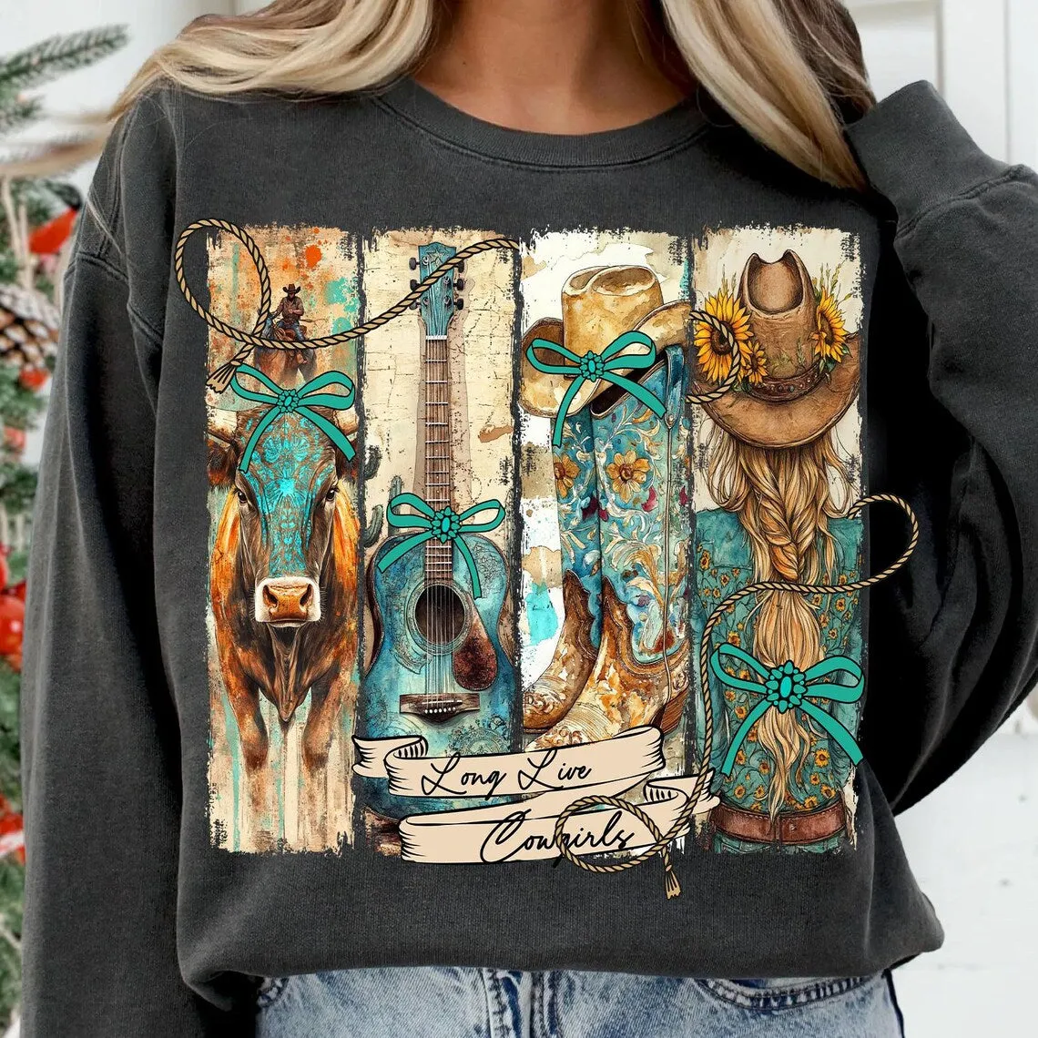 DTF Transfer Long Live Cowgirls – Western Boho Graphic with Boots, Guitar & Hat