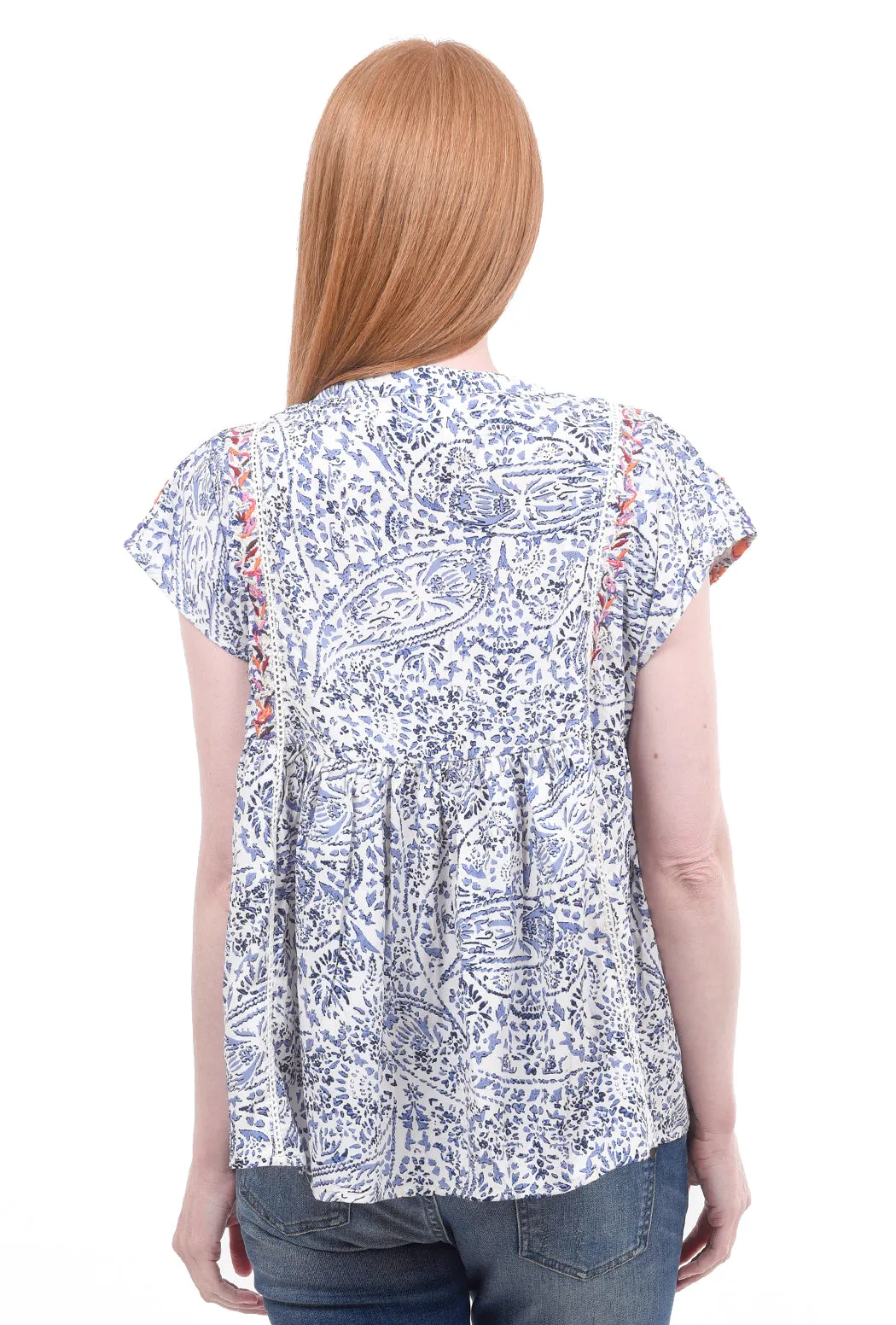 Embroidered Baby-Doll Top, Blue