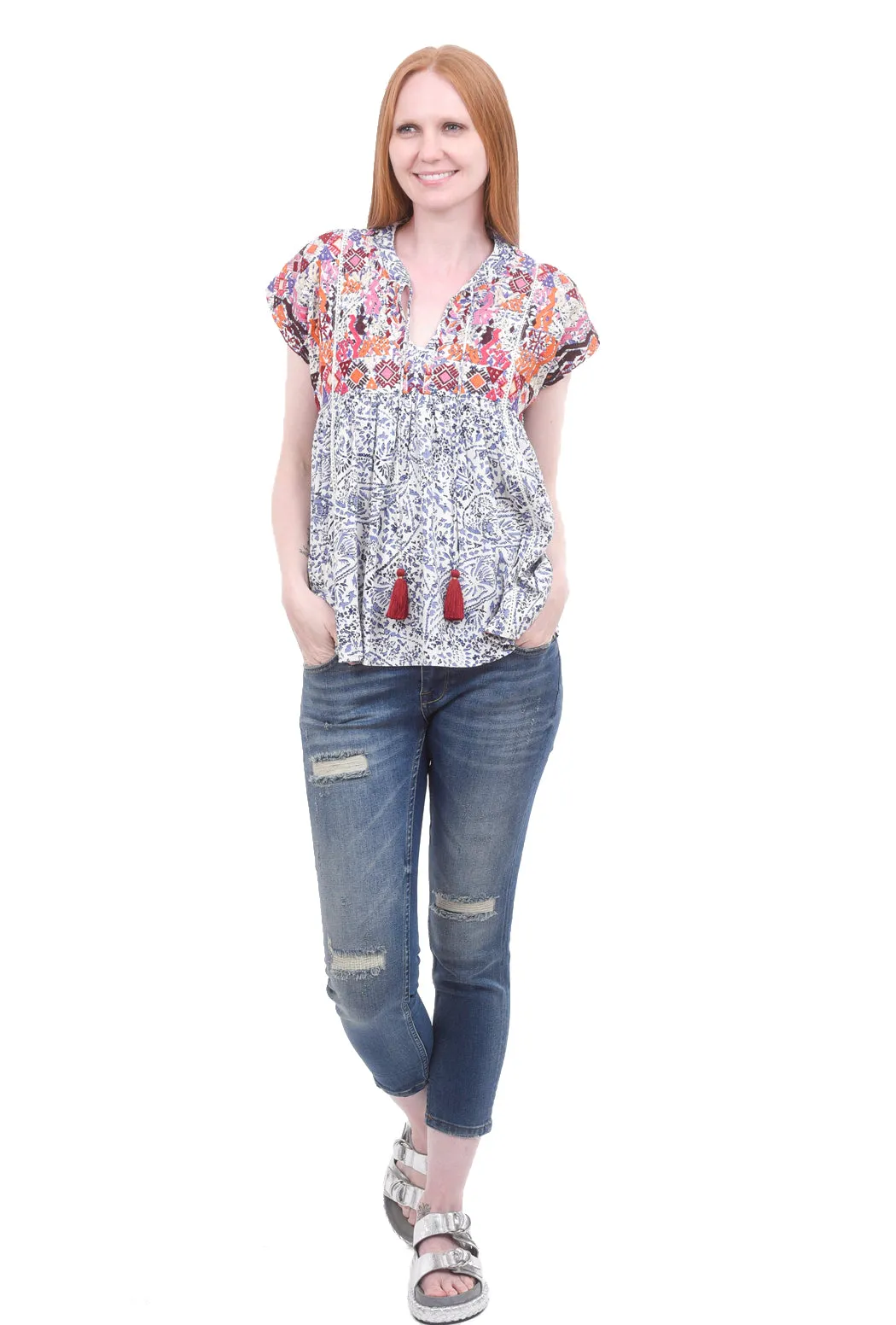 Embroidered Baby-Doll Top, Blue