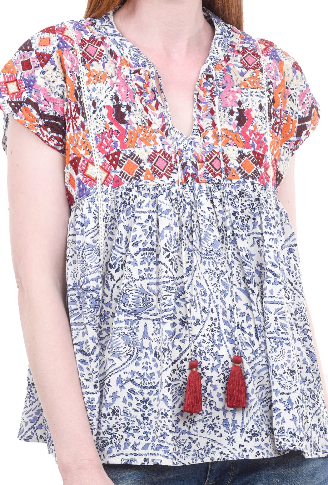Embroidered Baby-Doll Top, Blue