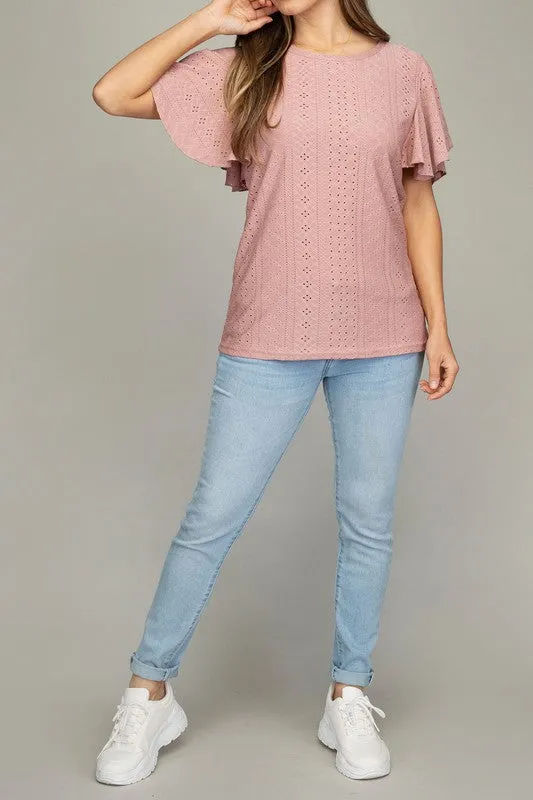 Embroidered Eyelet Top with Wing Sleeves