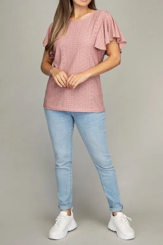 Embroidered Eyelet Top with Wing Sleeves