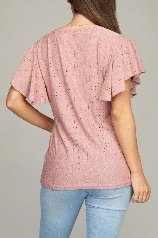 Embroidered Eyelet Top with Wing Sleeves