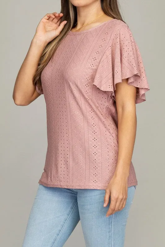 Embroidered Eyelet Top with Wing Sleeves