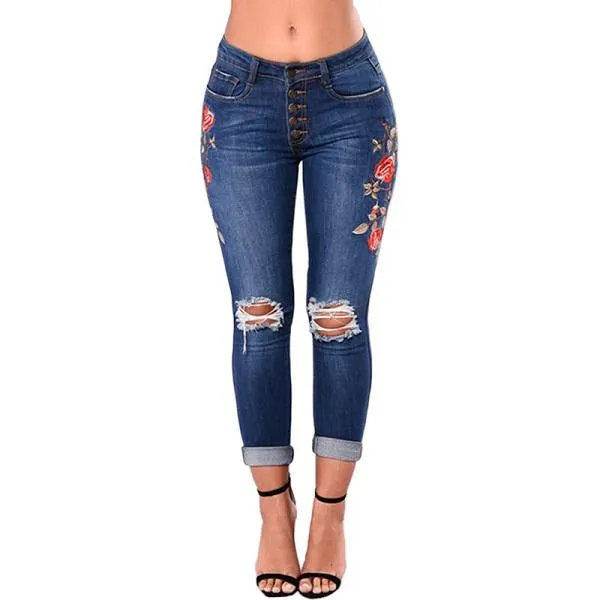 Embroidered Flower Denim Jeans