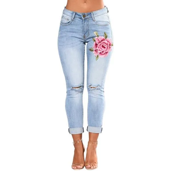 Embroidered Flower Denim Jeans