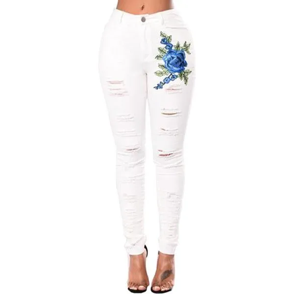 Embroidered Flower Denim Jeans