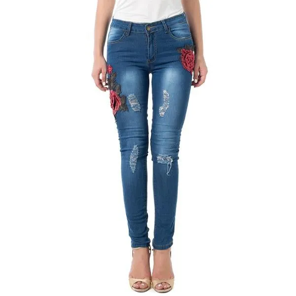 Embroidered Flower Denim Jeans