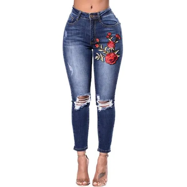 Embroidered Flower Denim Jeans