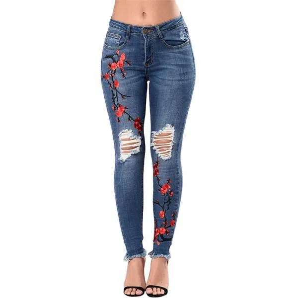 Embroidered Flower Denim Jeans