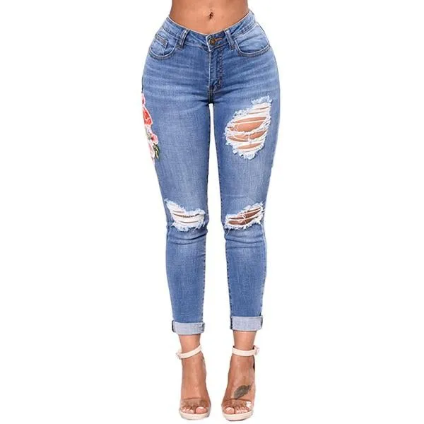 Embroidered Flower Denim Jeans