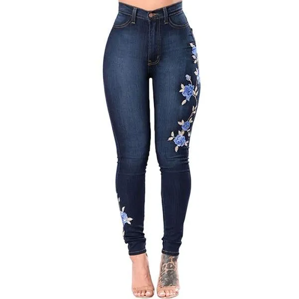 Embroidered Flower Denim Jeans