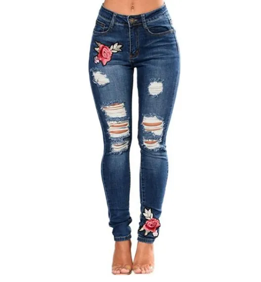 Embroidered Flower Denim Jeans