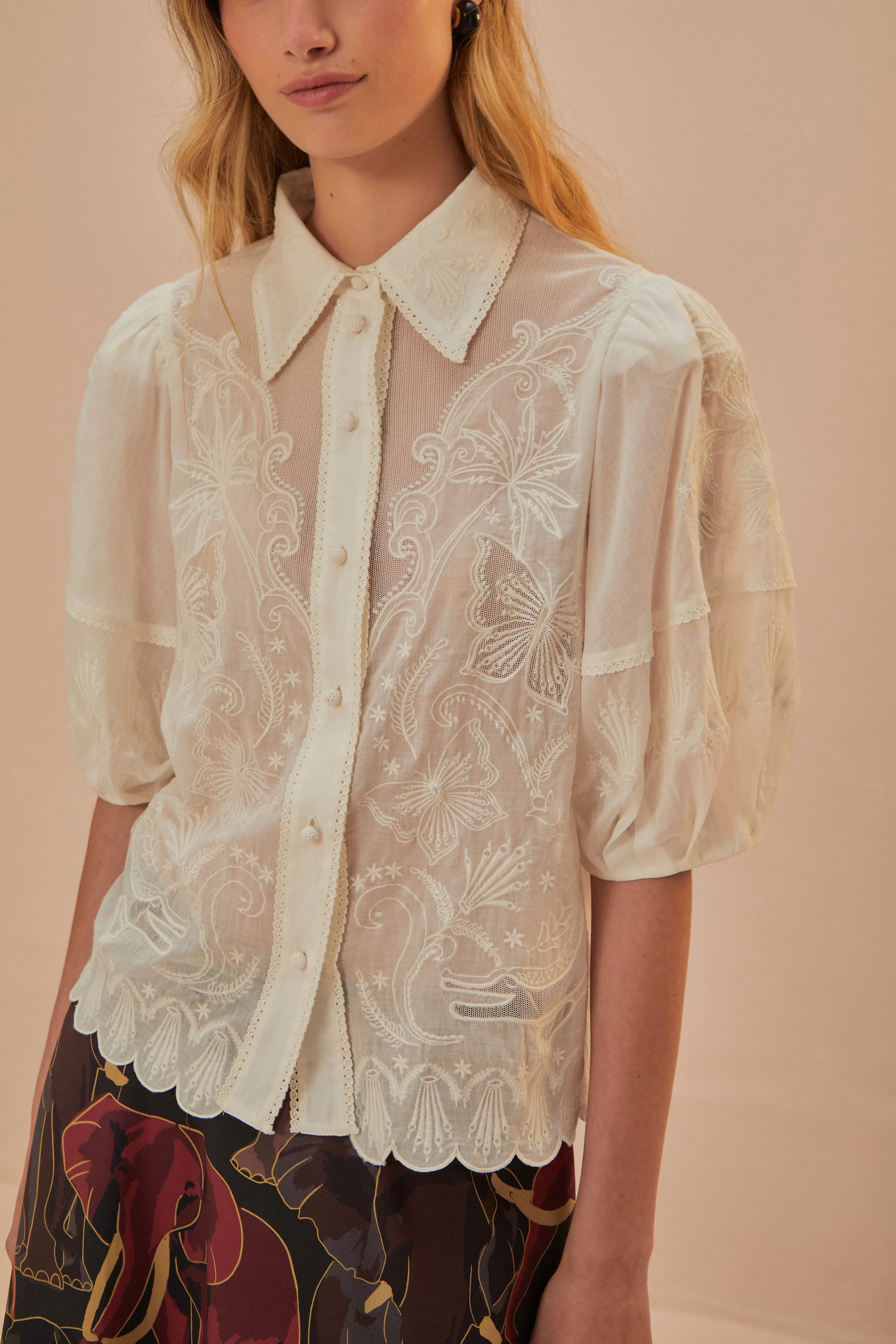 Embroidered White Short Sleeve Blouse