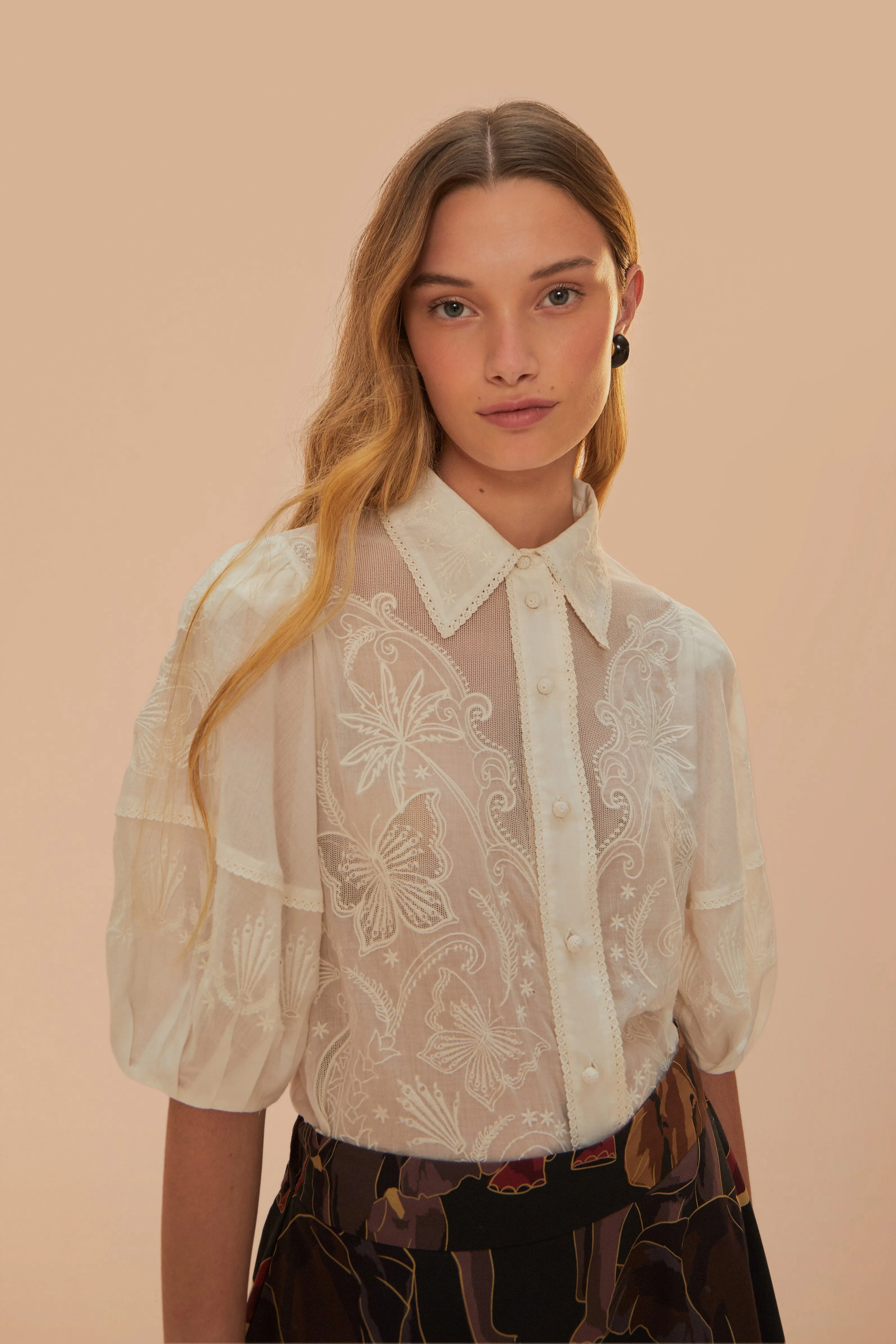 Embroidered White Short Sleeve Blouse