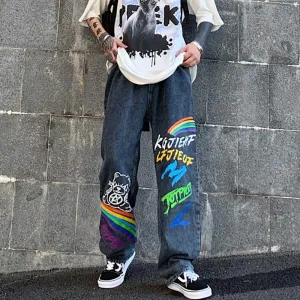 Graffiti jeans men's loose straight pants high street ins tide net red handsome casual trousers