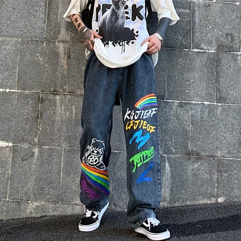 Graffiti jeans men's loose straight pants high street ins tide net red handsome casual trousers