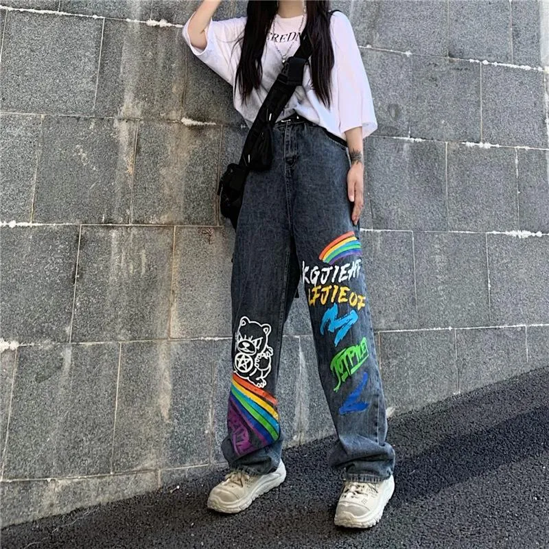 Graffiti jeans men's loose straight pants high street ins tide net red handsome casual trousers