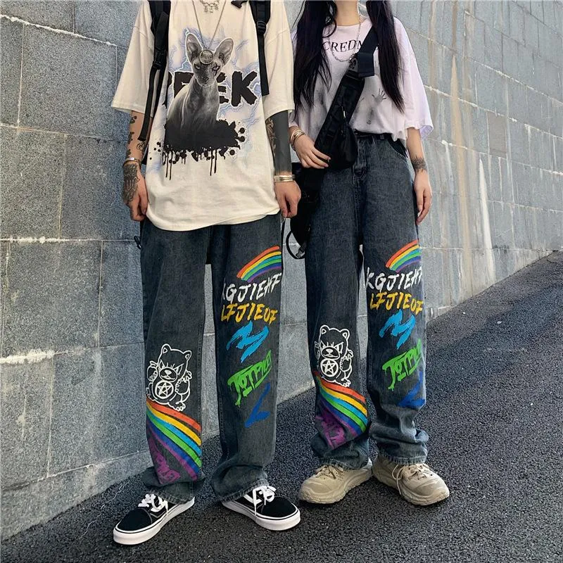 Graffiti jeans men's loose straight pants high street ins tide net red handsome casual trousers