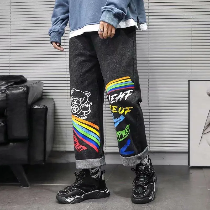 Graffiti jeans men's loose straight pants high street ins tide net red handsome casual trousers