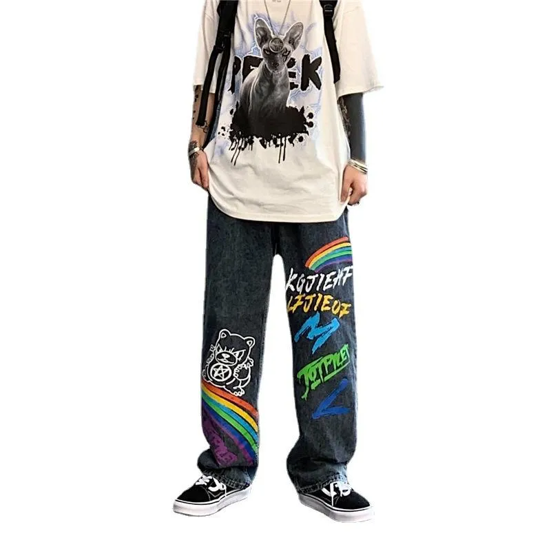 Graffiti jeans men's loose straight pants high street ins tide net red handsome casual trousers