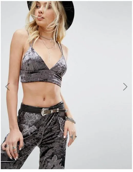 Gray Spaghetti Strap Velvet Sexy Short Crop Tops