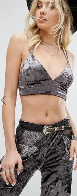 Gray Spaghetti Strap Velvet Sexy Short Crop Tops
