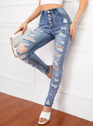 Holes Slim Body Elastic Pencil Pants Jean