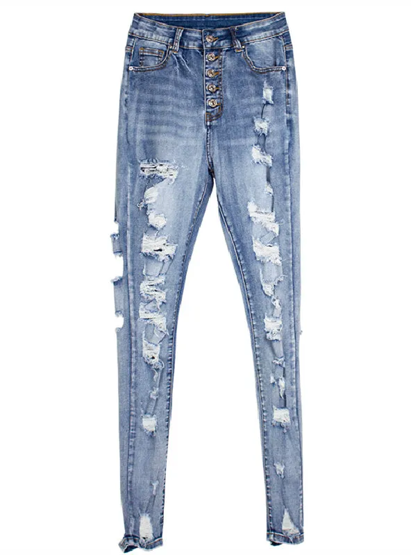 Holes Slim Body Elastic Pencil Pants Jean