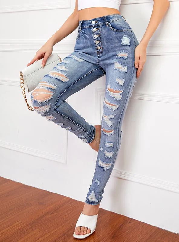 Holes Slim Body Elastic Pencil Pants Jean