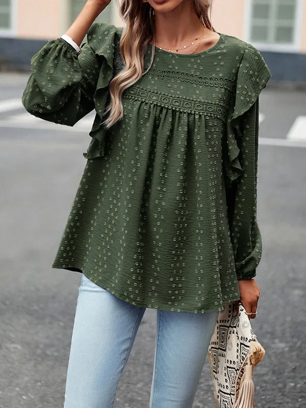 Hollow Jacquard Solid Color Split-Joint Loose Puff Sleeves Round-Neck T-Shirts