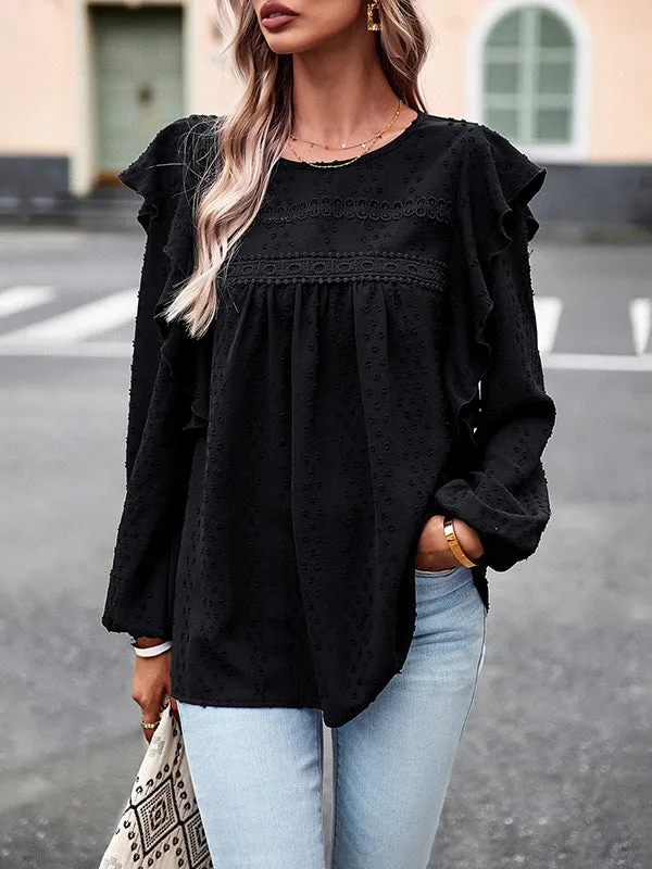 Hollow Jacquard Solid Color Split-Joint Loose Puff Sleeves Round-Neck T-Shirts