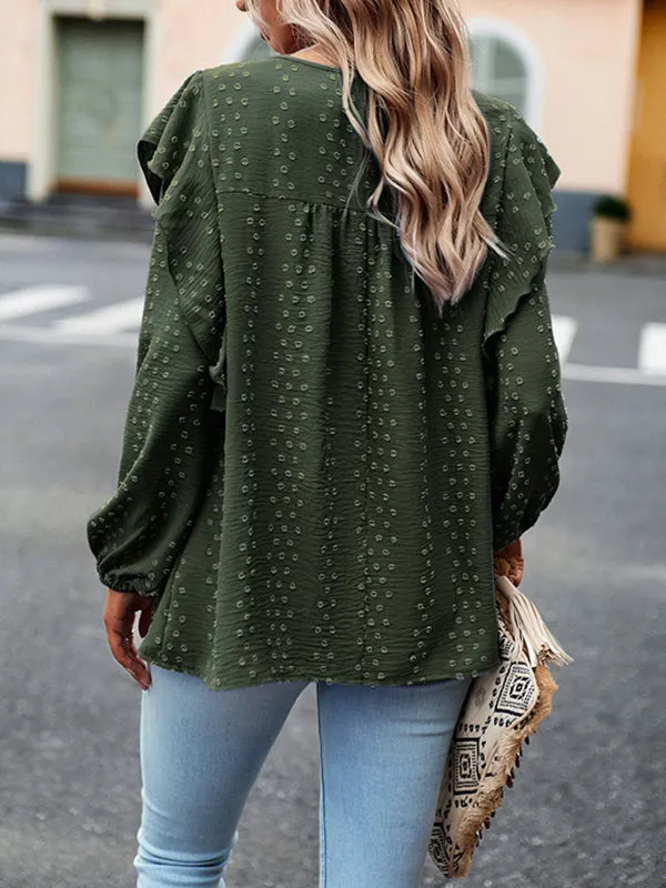 Hollow Jacquard Solid Color Split-Joint Loose Puff Sleeves Round-Neck T-Shirts