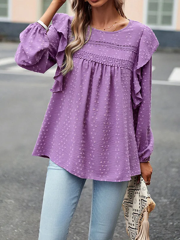 Hollow Jacquard Solid Color Split-Joint Loose Puff Sleeves Round-Neck T-Shirts
